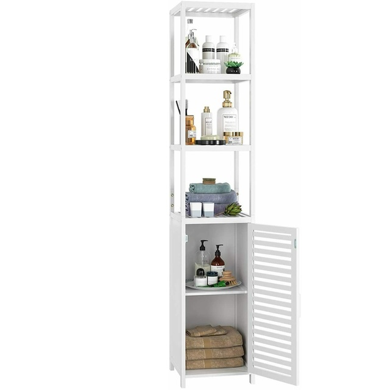 Bamboo Tall Cabinet Bathroom Storage Shelf with 3 Tiers Narrow Storage Cabinet Freestanding Shelves 1 Door Natural 33X33X169 Cm