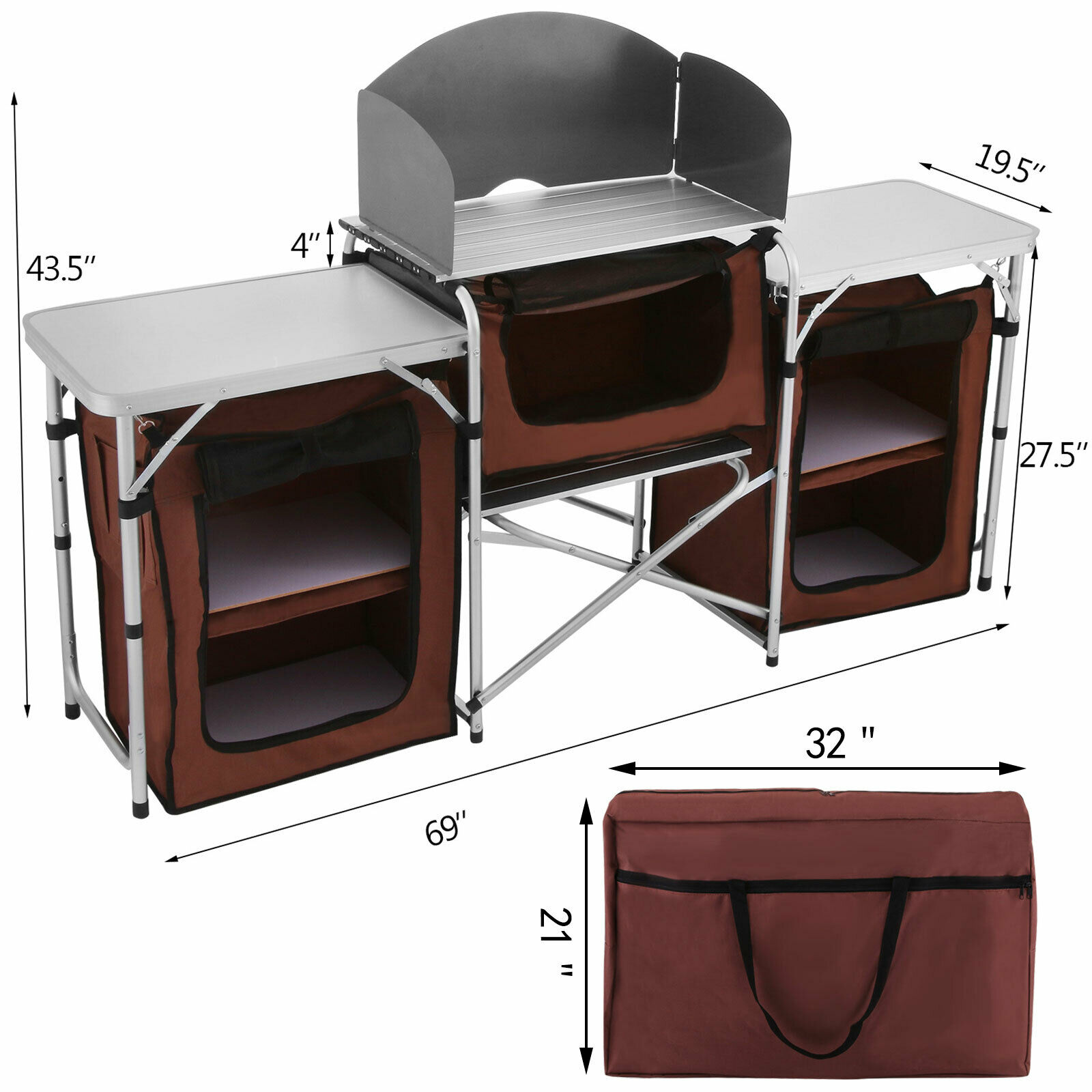 Camping Outdoor Kitchen Table Cabinet Foldable Folding Cooking Storage Rack for BBQ Picnic X-Shaped Aluminum Alloy Bracket