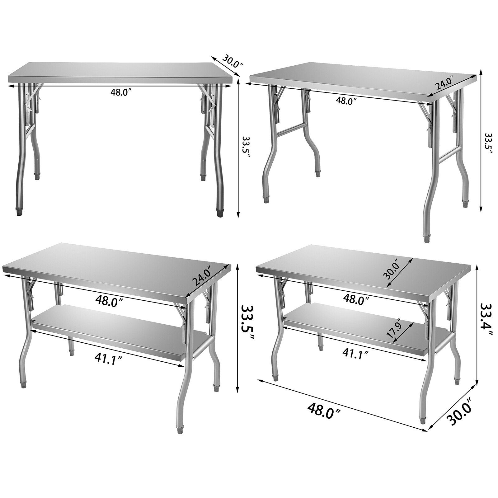 Single/Double-Shelf Professional Stainless Steel Open Kitchen Folding Work Prep Tables Easy Storage for Home Commercial