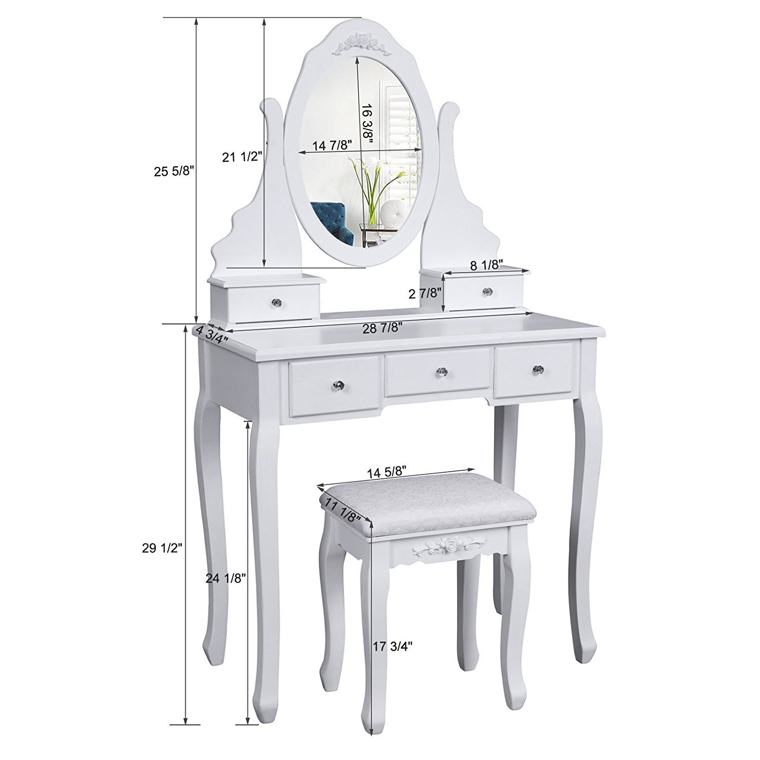 Yonntech Modern Makeup Table Dressing Table Home Bedroom with Mirror Stool and 5 Drawers MDF Free Gift