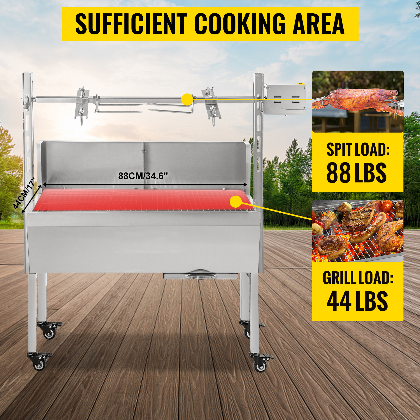 60KG / 132LBS Electric Roaster Grill 2 in 1 BBQ Rotisserie Grill W/ Lockable Wheels for Roasting Sheep, Turkey, Beef, Fish