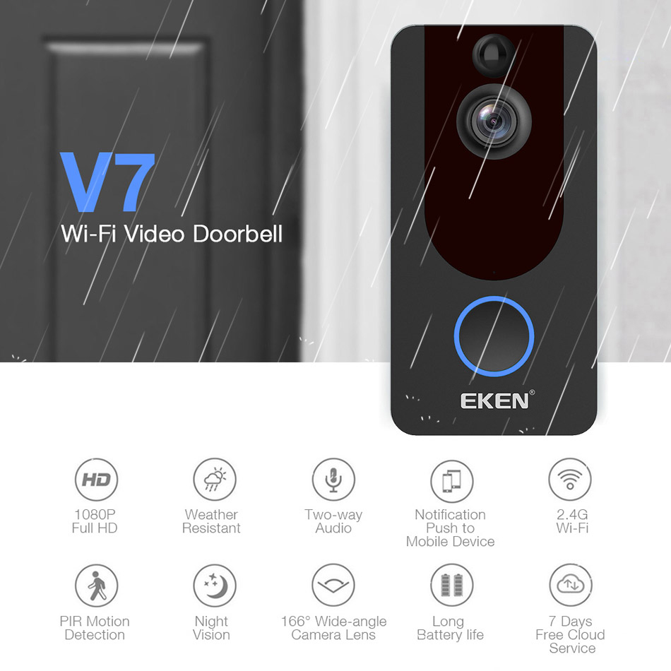 EKEN V7 HD 1080P Smart Wifi Video Doorbell Camera Visual Intercom Night Vision IP Door Bell Wireless Security Camera