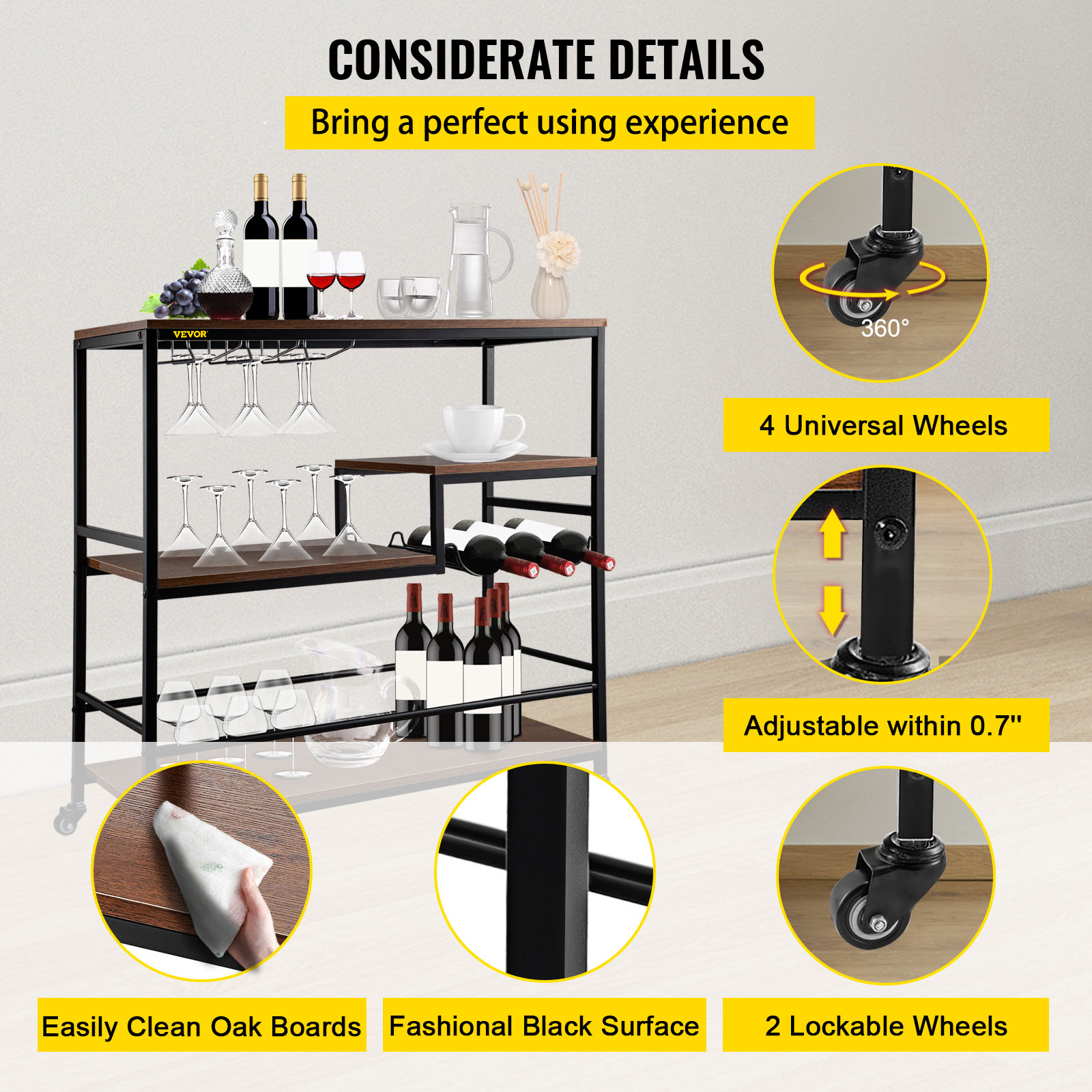 3-Tier Bar Wine Rack Serving Cart on Wheels Commercial Kitchen Food Truck Serving Buffet Sideboard Rack Glass Holder Home