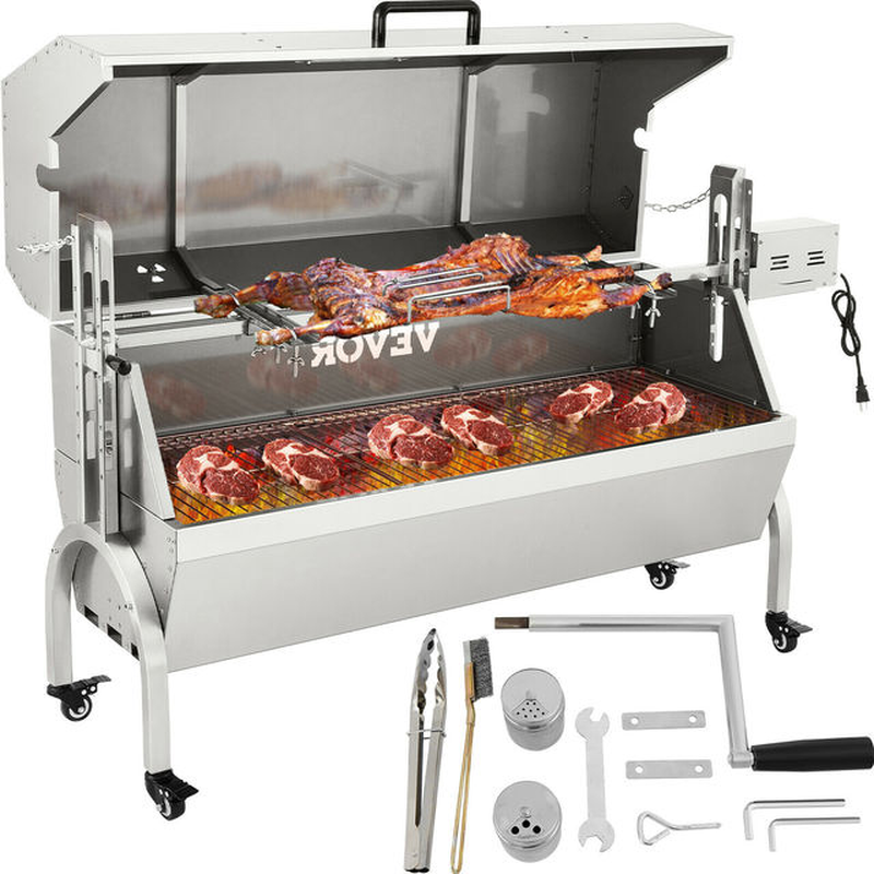 60KG / 132LBS Electric Roaster Grill 2 in 1 BBQ Rotisserie Grill W/ Lockable Wheels for Roasting Sheep, Turkey, Beef, Fish