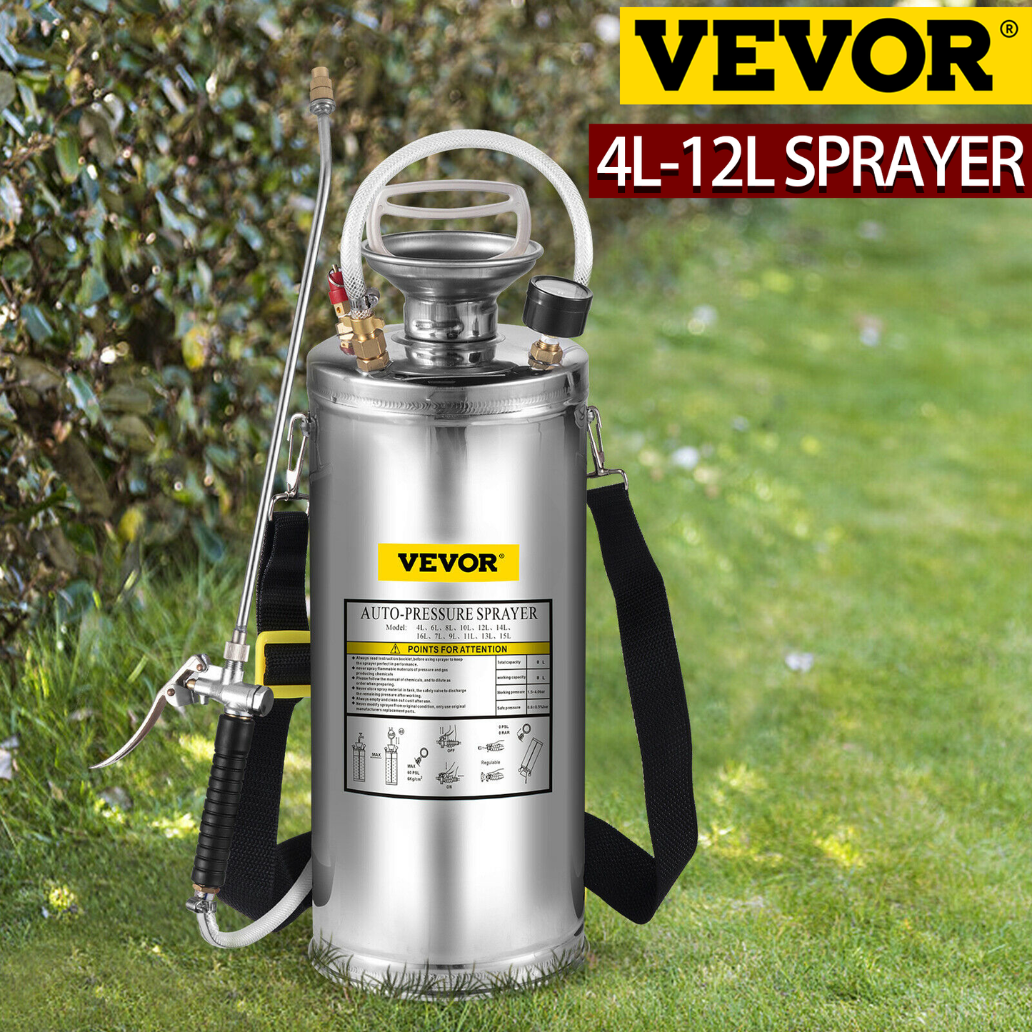 4-12L Hand Powered Sprayer Stainless Steel Watering Spraying Sprinkling Atomizer Pump Home Ground Garden Cleaning Sprayer