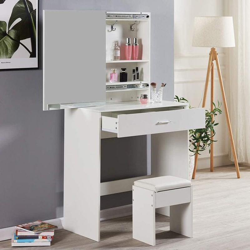 Dressing Table Organiser Set with 2 Drawers Makeup Dressing Desk Mirror with RGB LED Lights for Bedroom