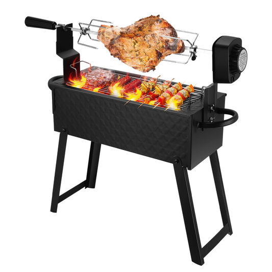 EU UK US 2-In-1 Grill&Electric Rotisserie Kit Automatic Barbecue BBQ Outdoor Folding Roaster, Roast Stove Grill Stainless Steel