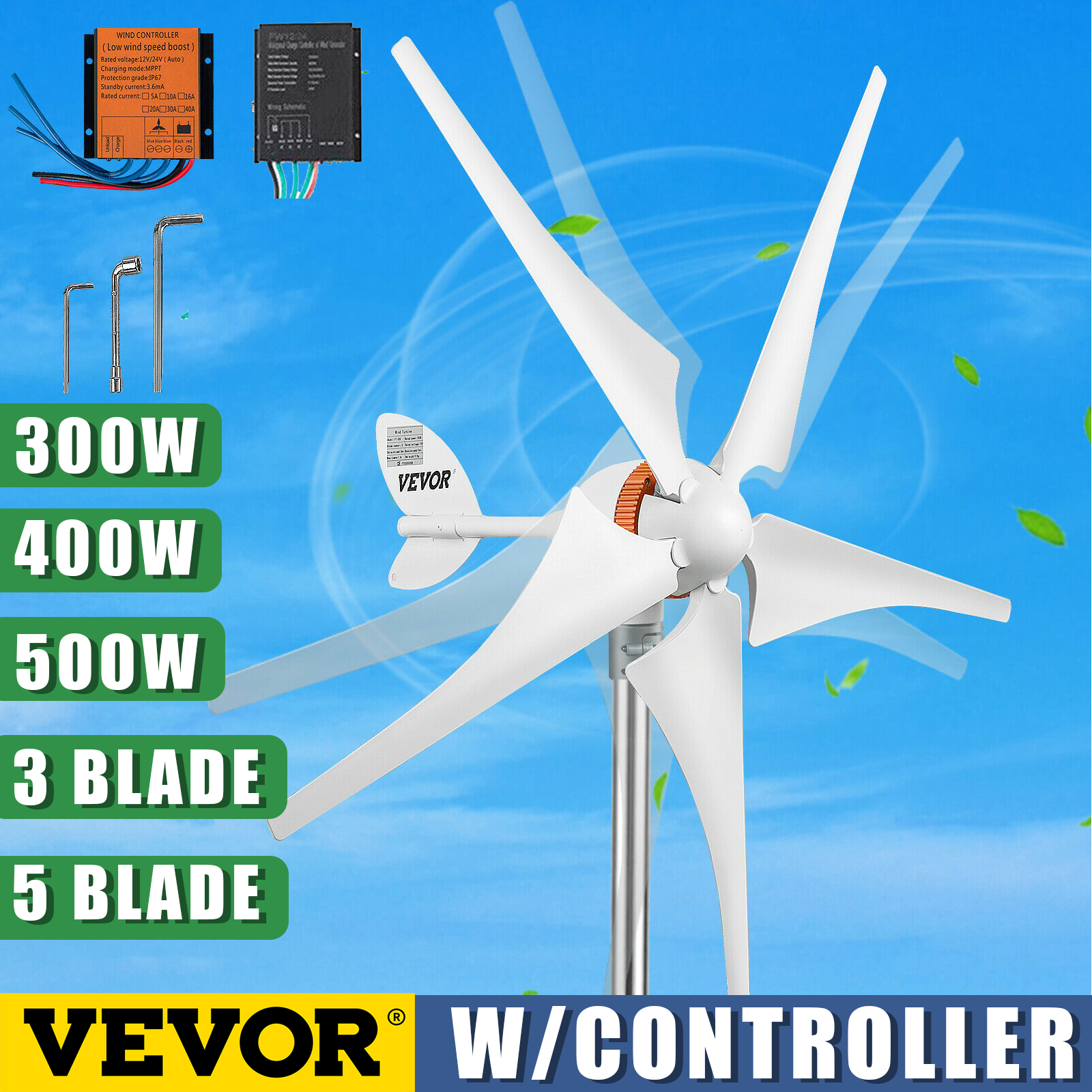 12V Wind Turbine Generator 300W-500W with Controller 3 5 Blades Small Wind Turbine for Home Use Low Noise High Efficiency