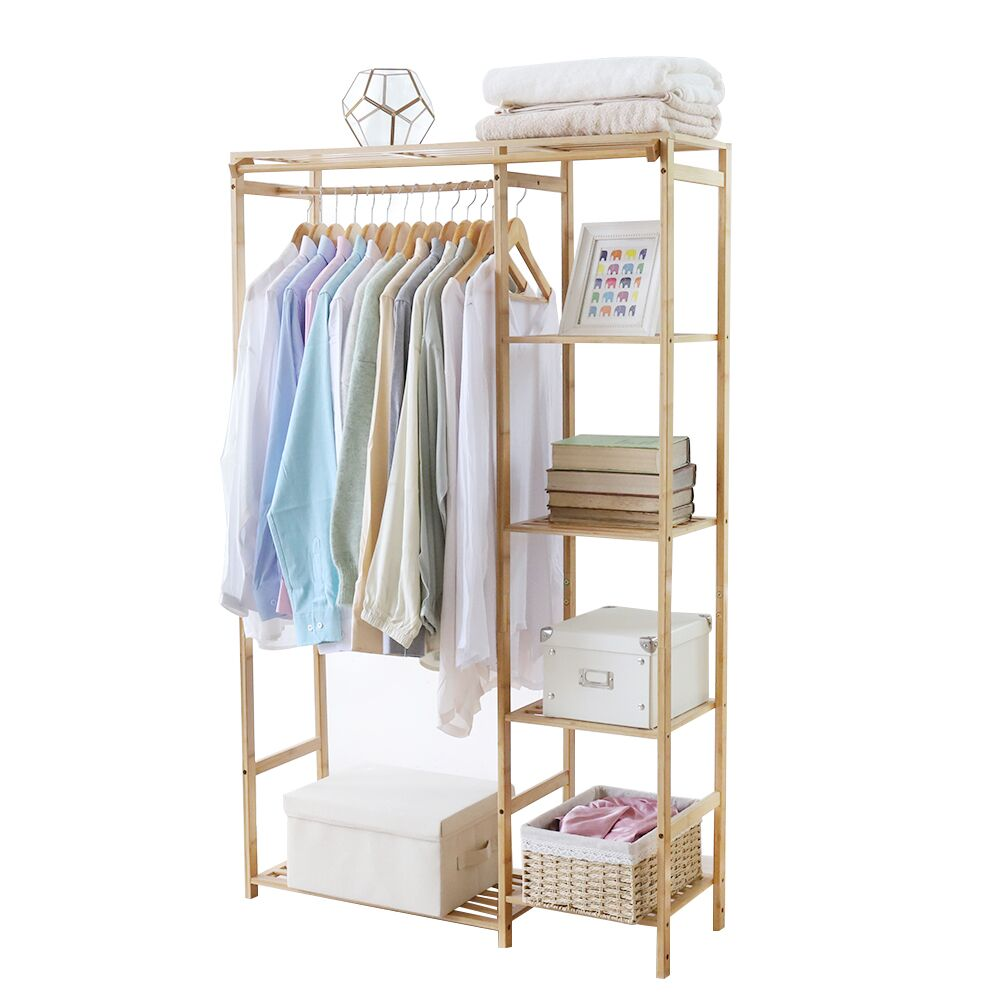 Bamboo Wood Clothing Garment Rack with Shelves Clothes Hanging Rack Stand for Child Kids Adults Cloth Shoe Coat Storage Organize