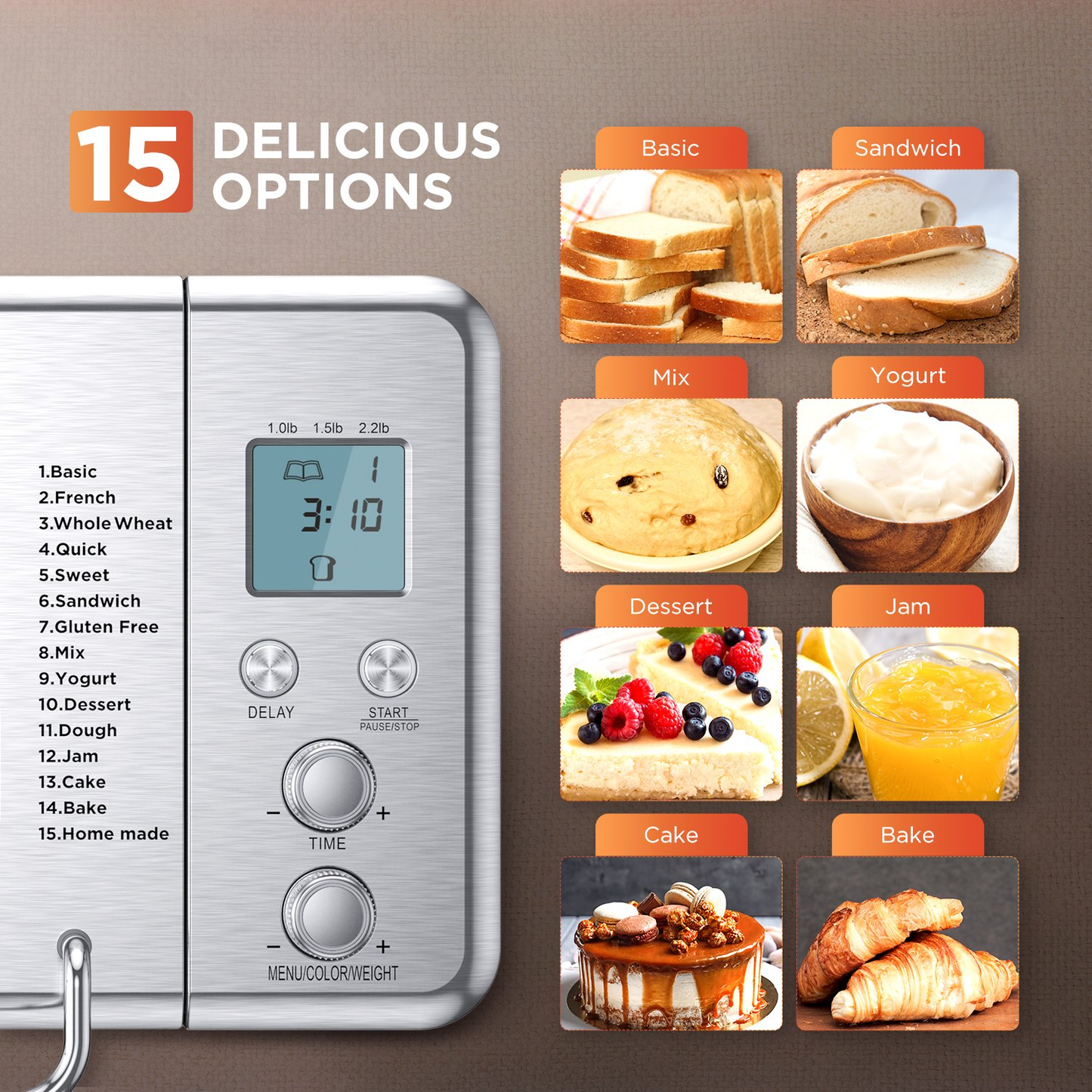 Stainless Steel 1KG 15-In-1 Automatic Bread Maker 600W Programmable Bread Machine with 3 Loaf Sizes Fruit Nut Dispenser