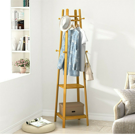 Bamboo Coat Rack Free Standing 2-Shelves Clothing Storage Garment Organizer Stand with 8 Hooks Clothes Poles 55Kg Load-Bearing F