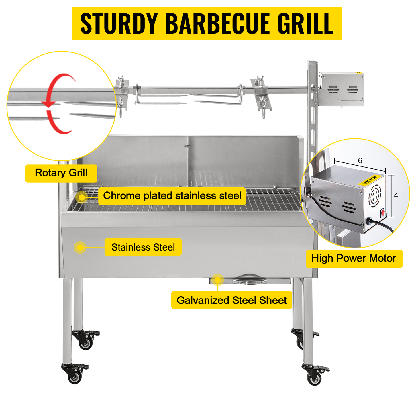 60KG / 132LBS Electric Roaster Grill 2 in 1 BBQ Rotisserie Grill W/ Lockable Wheels for Roasting Sheep, Turkey, Beef, Fish