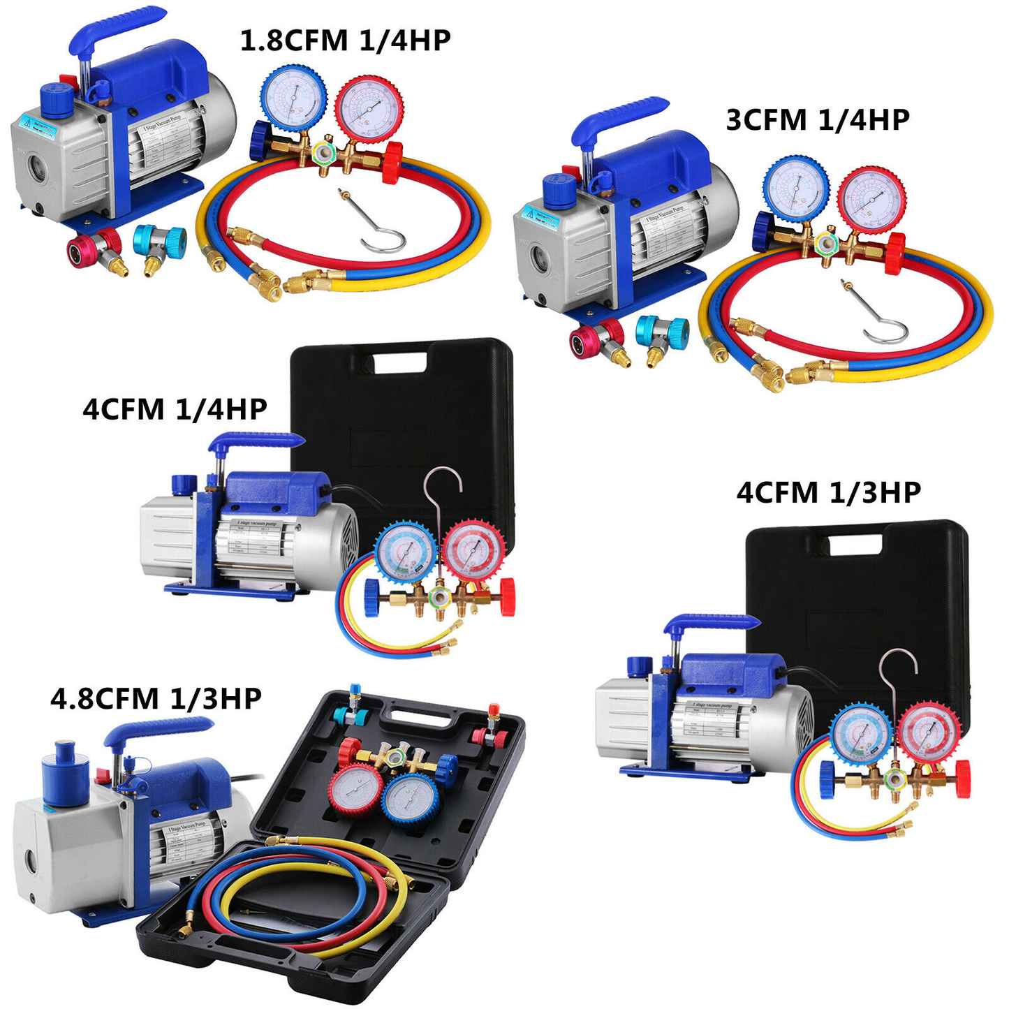 Refrigerant Vacuum Pump Kits 1.8-4.8CFM HVAC Refrigeration 1/3 1/4 HP with Manifold Gauge for Household Air Conditioning