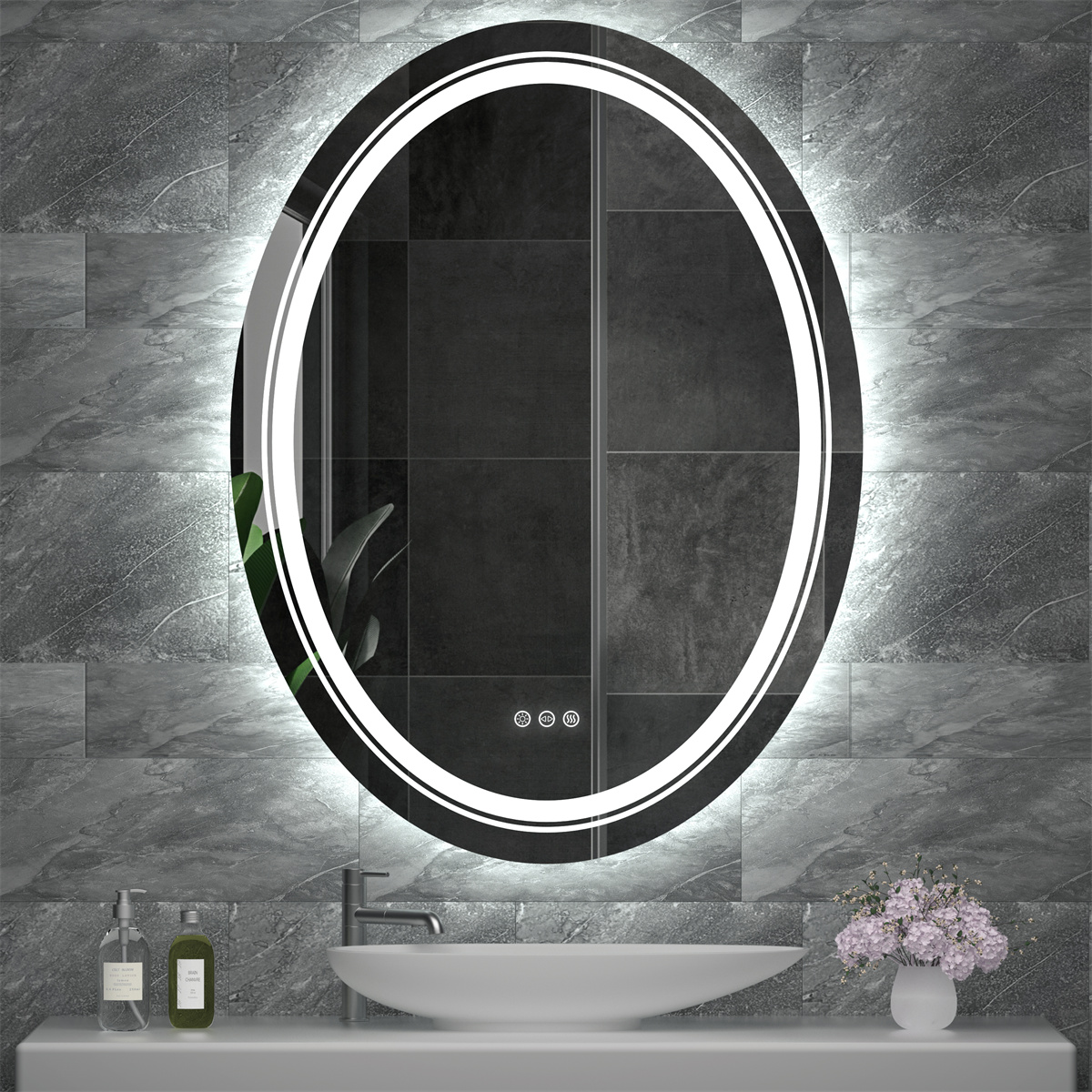 LED Illuminated Mirror Oval Bathroom Makeup Mirror with Dimmable