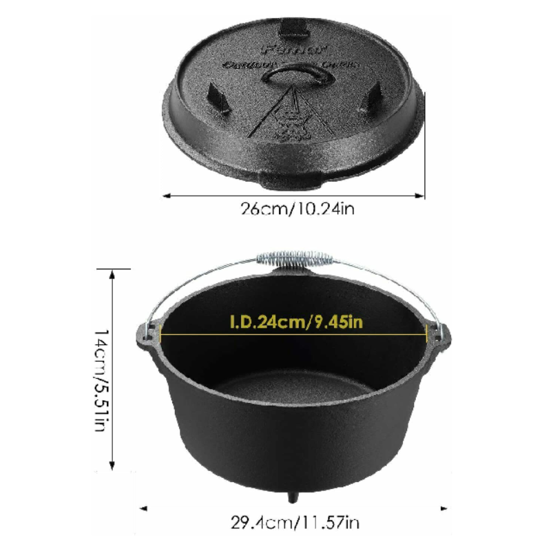 24CM 4.8 L Dutch Oven BBQ Oven Pot Cast Iron Cooking Pot Roasting Pan Also for Gas Grill plus a Lid Lifter