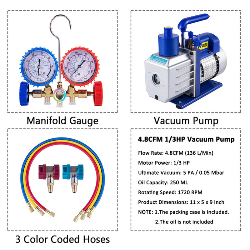 Refrigerant Vacuum Pump Kits 1.8-4.8CFM HVAC Refrigeration 1/3 1/4 HP with Manifold Gauge for Household Air Conditioning