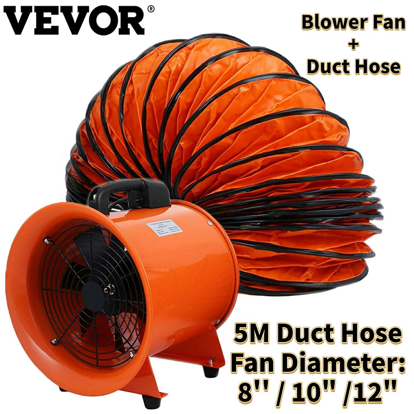 Industrial Axial Ventilator Portable Air Blower Fan 8" 10" 12" W/ PVC Duct High Velocity Low Noise for Tunnel Ventilation