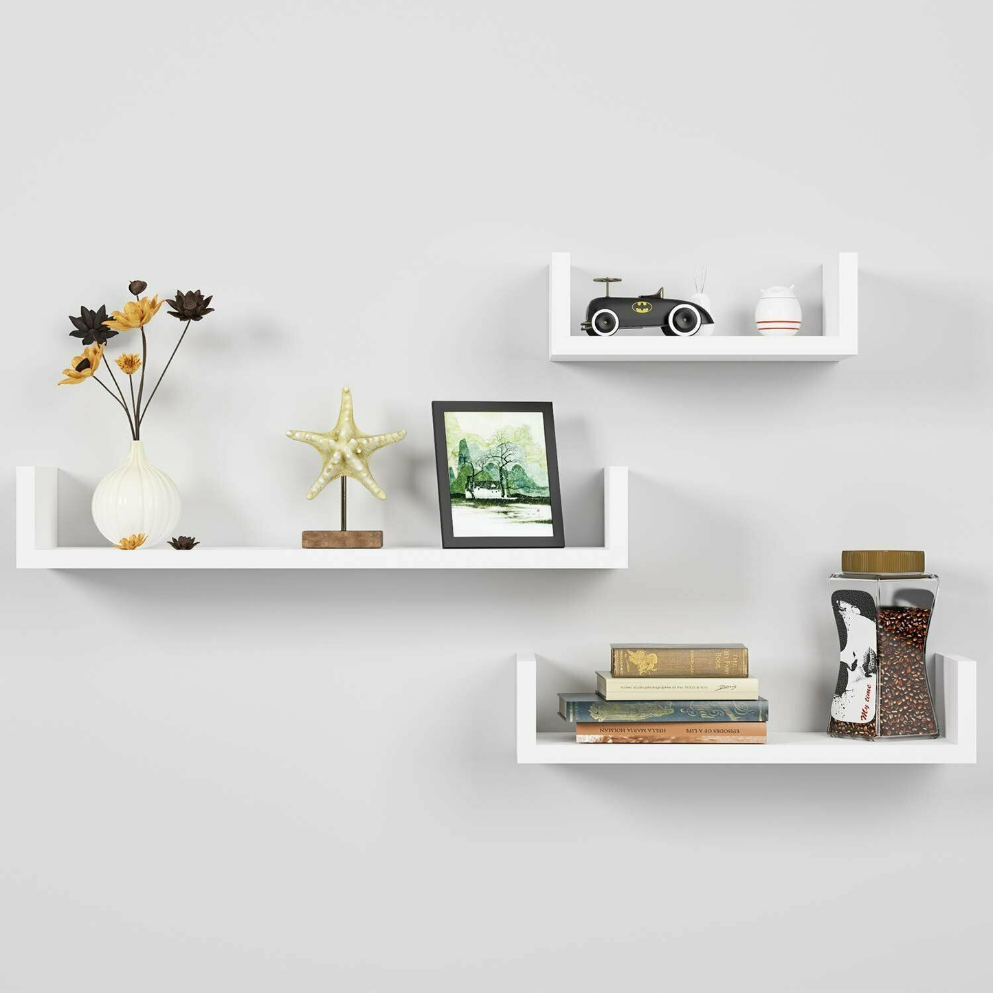 3 Piece Floating Shelf Wall Hanging, Wooden Wall Storage Shelf, Wall-Mounted Storage Rack Shelf, White, Suitable for Living Room