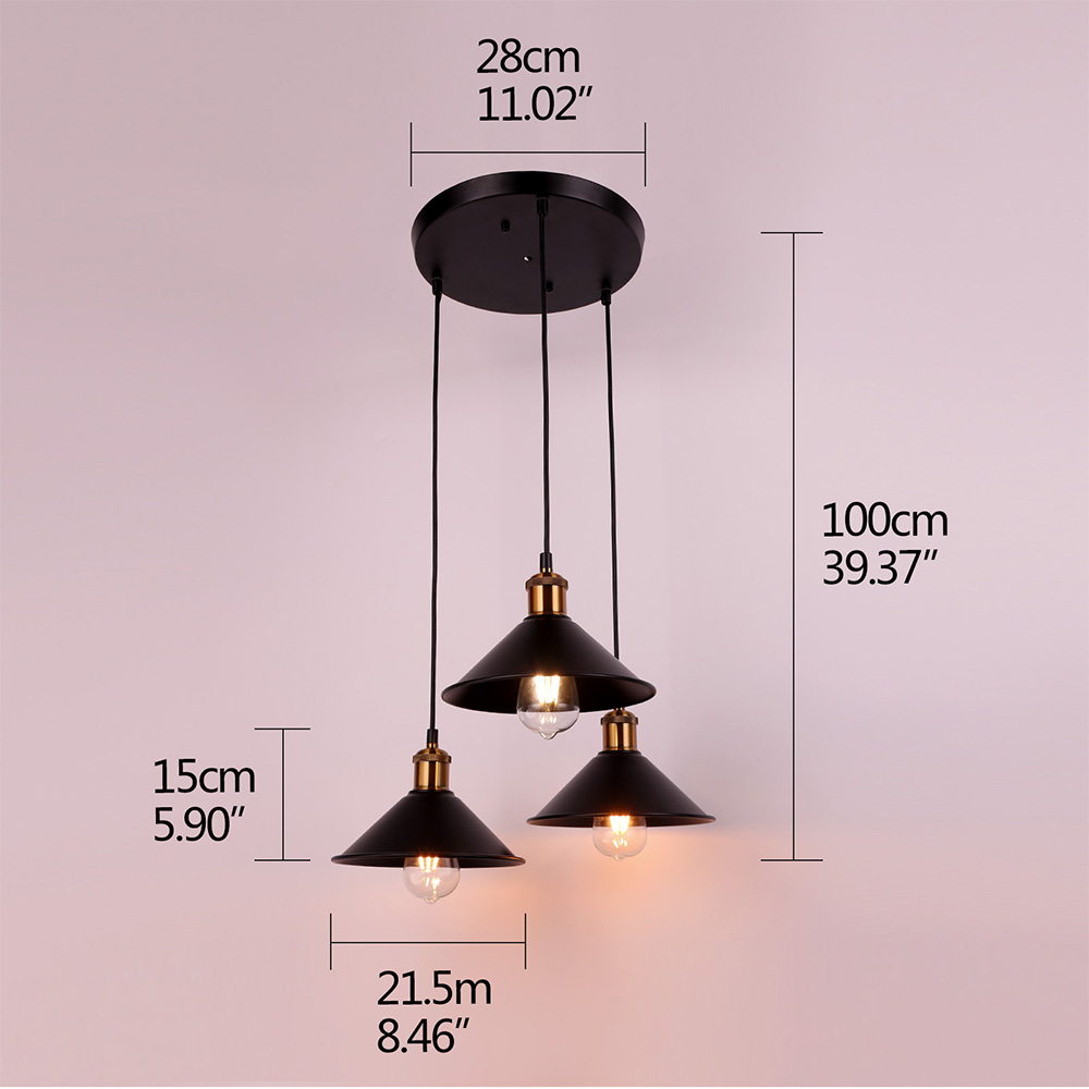 Black E27 Modern Industrial 3 Lights Chandelier Iron Painted Strip/Disc Ceiling Plate Living Room Kitchen Restaurant Hotel Lamp