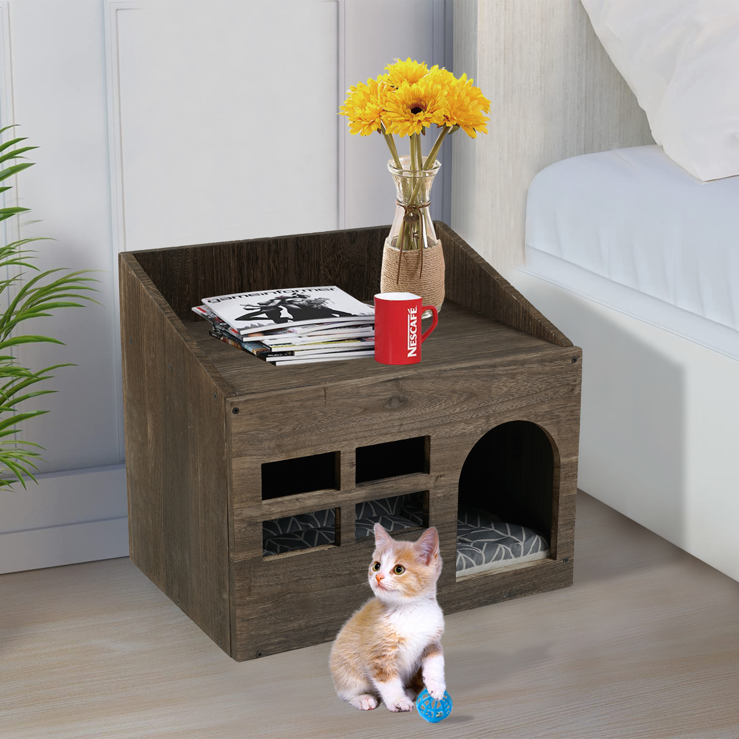 Durable Wooden Cat Cave Bed Furniture Kitten Sleep Lounge House Bed with Cushion Pad Litter Box for Indoor Cats