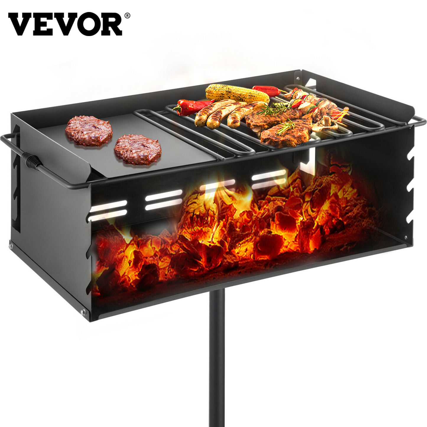 16X16/25X17 Inch Charcoal Grill Heavy Duty BBQ Single Post W/ Cooking Grate 360º Adjustable Park-Style Camping Outdoor