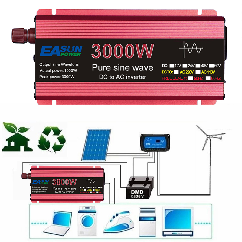 1000W 1600W 2000W 3000W Pure Sine Wave Power Inverter DC 12V/ 24V to AC 220V Converte LED Display Portable Car Inverter