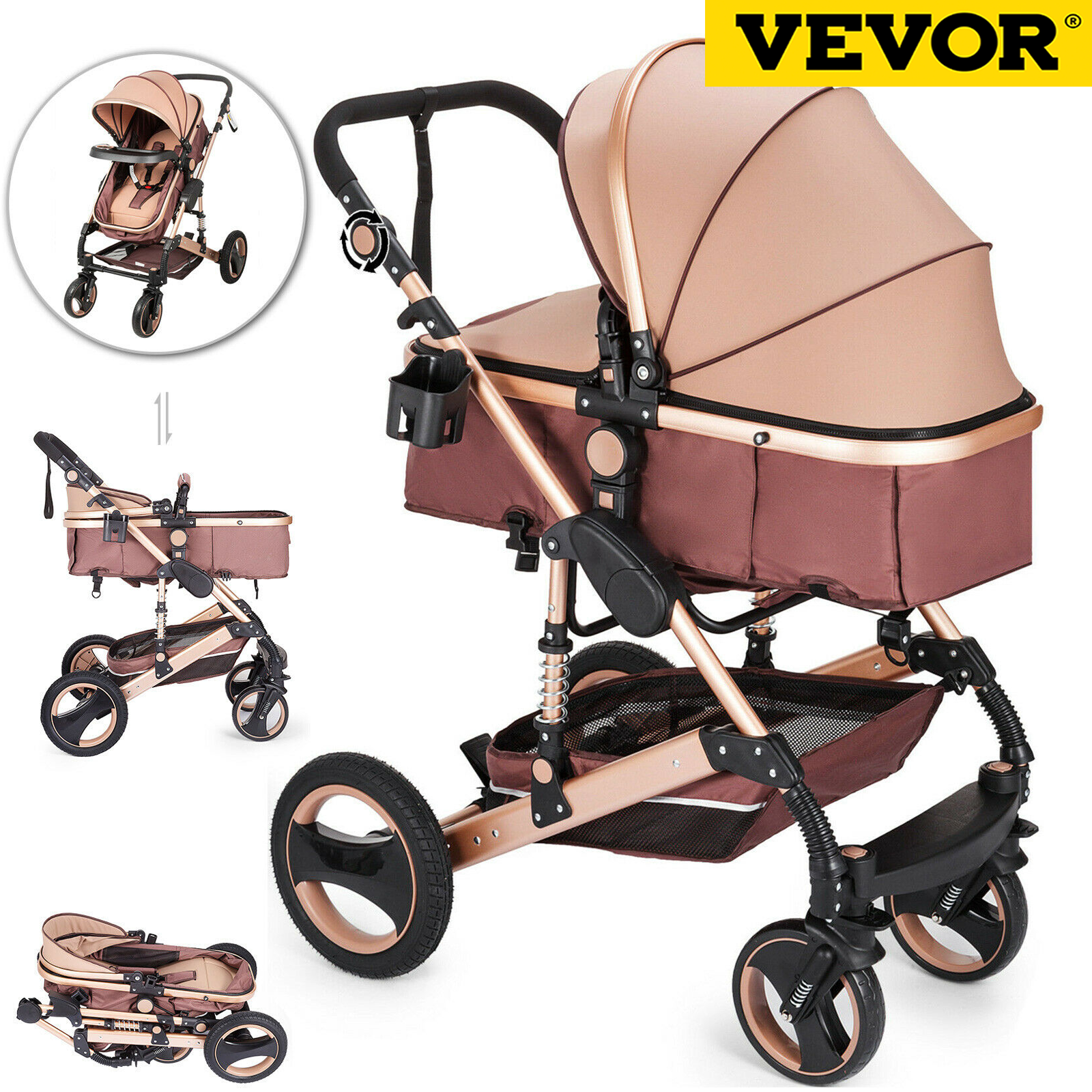 VEVOR Luxurious Baby Stroller 2 in 1 Portable Travel Baby Carriage Foldable Aluminum Frame High Landscape Car for Newborn Baby