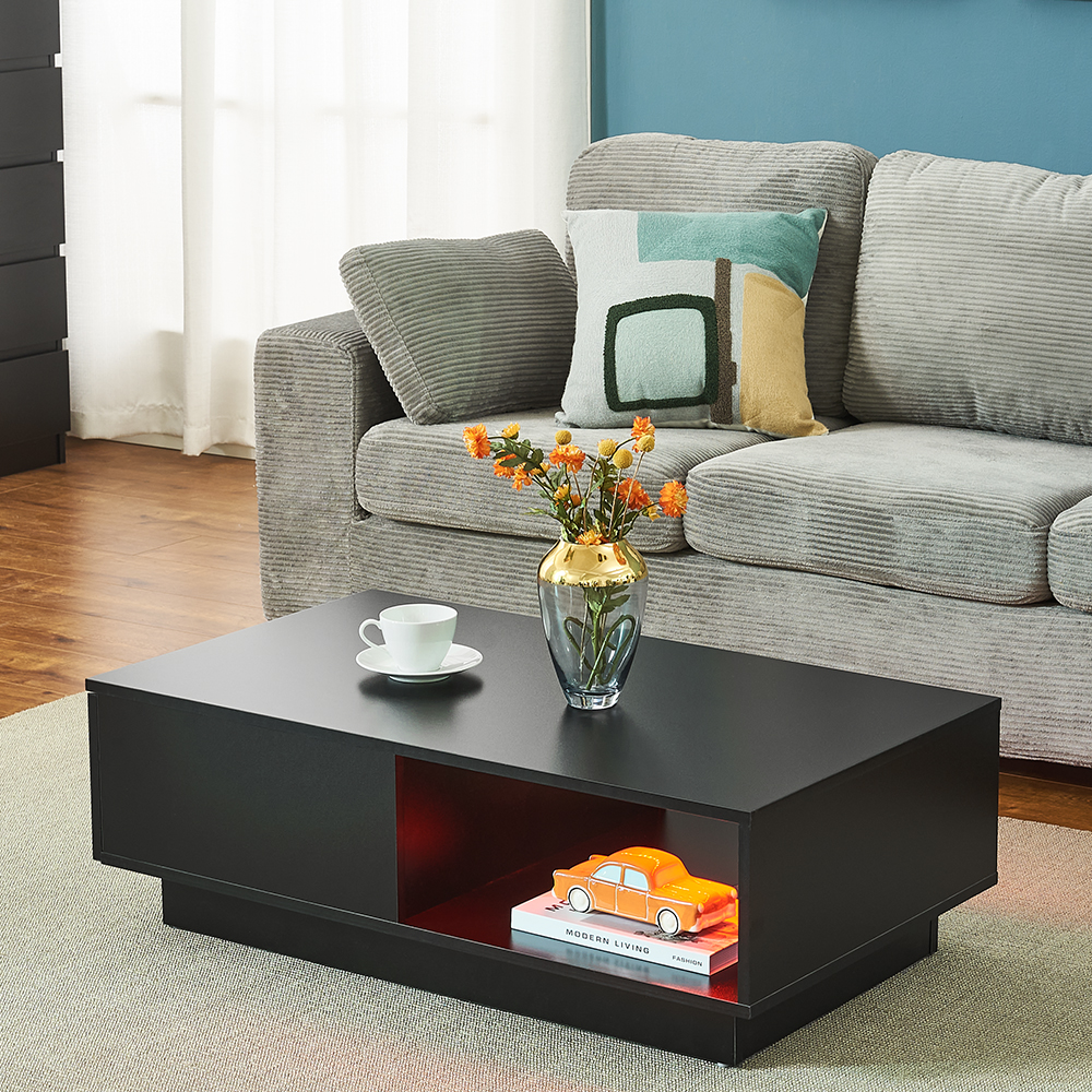 Coffee Table Rectangle Living Room Storage with RGB LED + Large Drawer for Livingroom Sofa Table White / Black Color