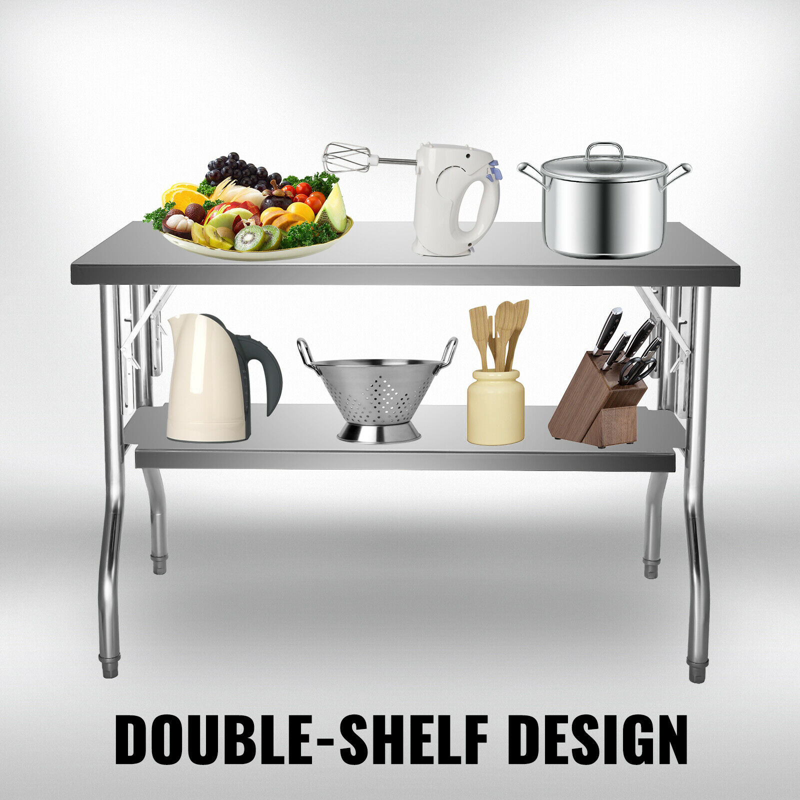 Single/Double-Shelf Professional Stainless Steel Open Kitchen Folding Work Prep Tables Easy Storage for Home Commercial