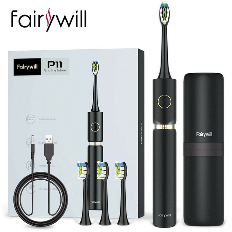 Fairywill Sonic Whitening Electric Toothbrush Rechargeable USB ADA Accepted Waterproof IPX7 Clean 4 Heads and 1 Travel Case