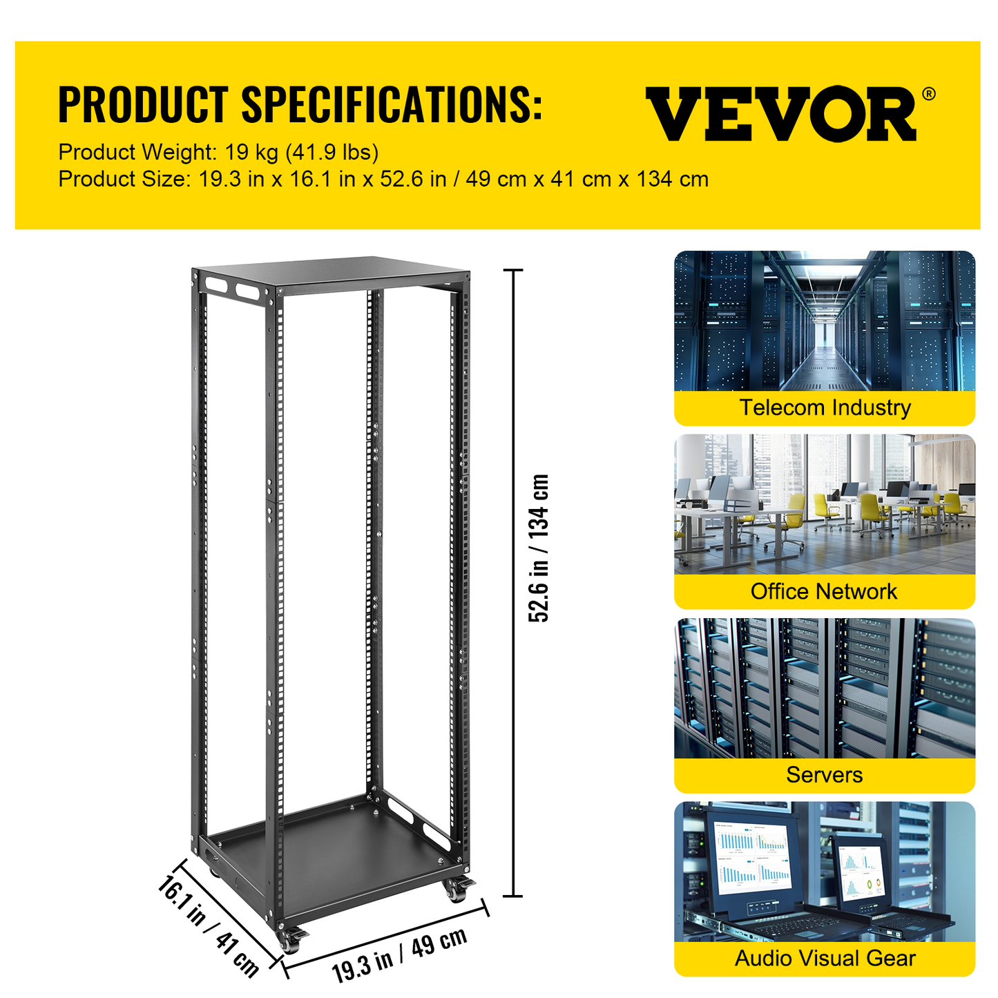 Open Frame 4-Post Network Server Rack 25 U Design Cold-Rolled Steel Rack 1200 LBS Load Capacity with 4 Casters for Server