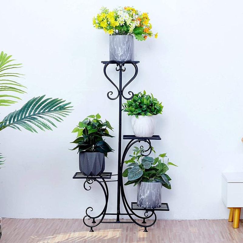 Metal Plant Shelf Flower Display Stand Garden Planter Holder with 4 Tier Shelves Indoor (Black)