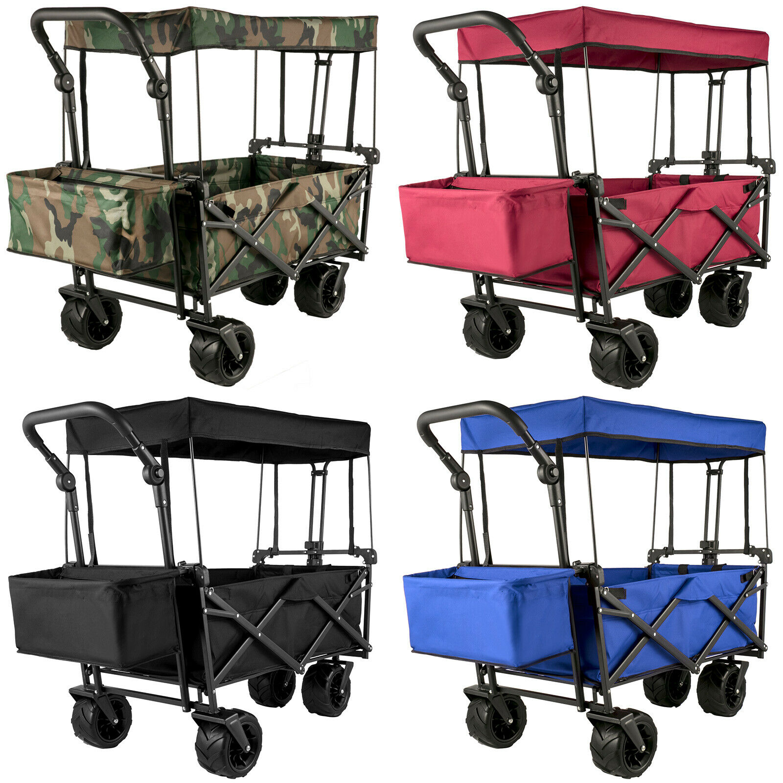 7In Wheel Folding Wagon Cart 220.5 Capacity W/ Adjustable Handle Pull Oxford Cloth Collapsible Outdoor Garden Trolley Cart