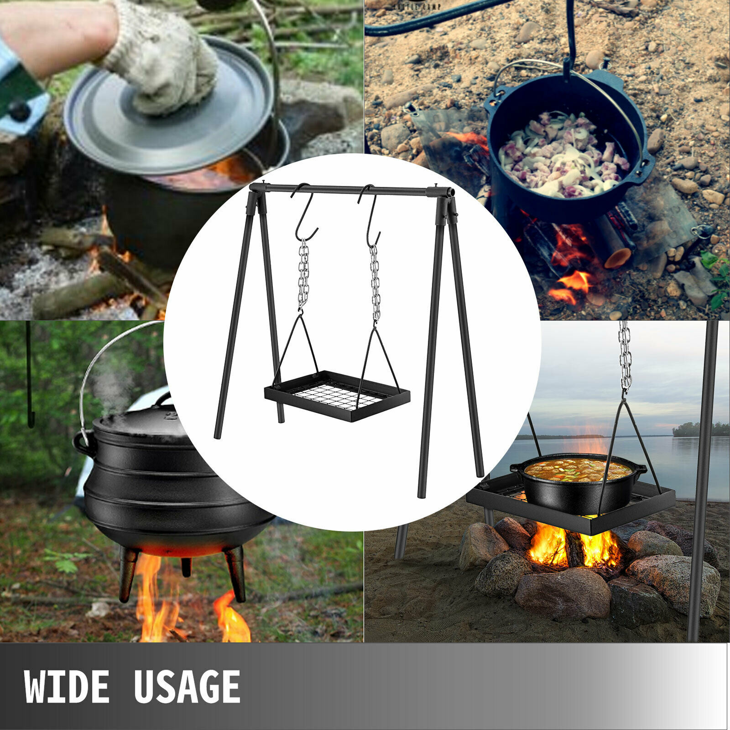 Swing Grill Campfire Cooking Stand Multi-Use Carbon Steel Equipment Easy to Install Height Adjustable Camping Outdoors