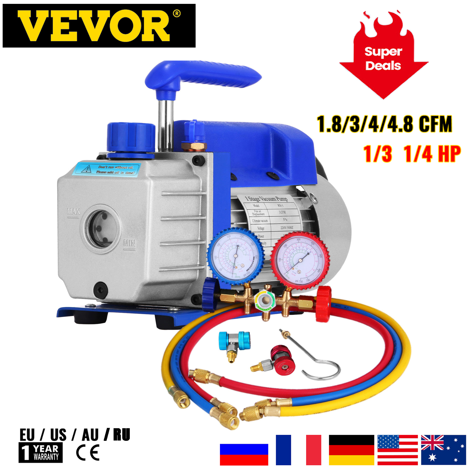 Refrigerant Vacuum Pump Kits 1.8-4.8CFM HVAC Refrigeration 1/3 1/4 HP with Manifold Gauge for Household Air Conditioning