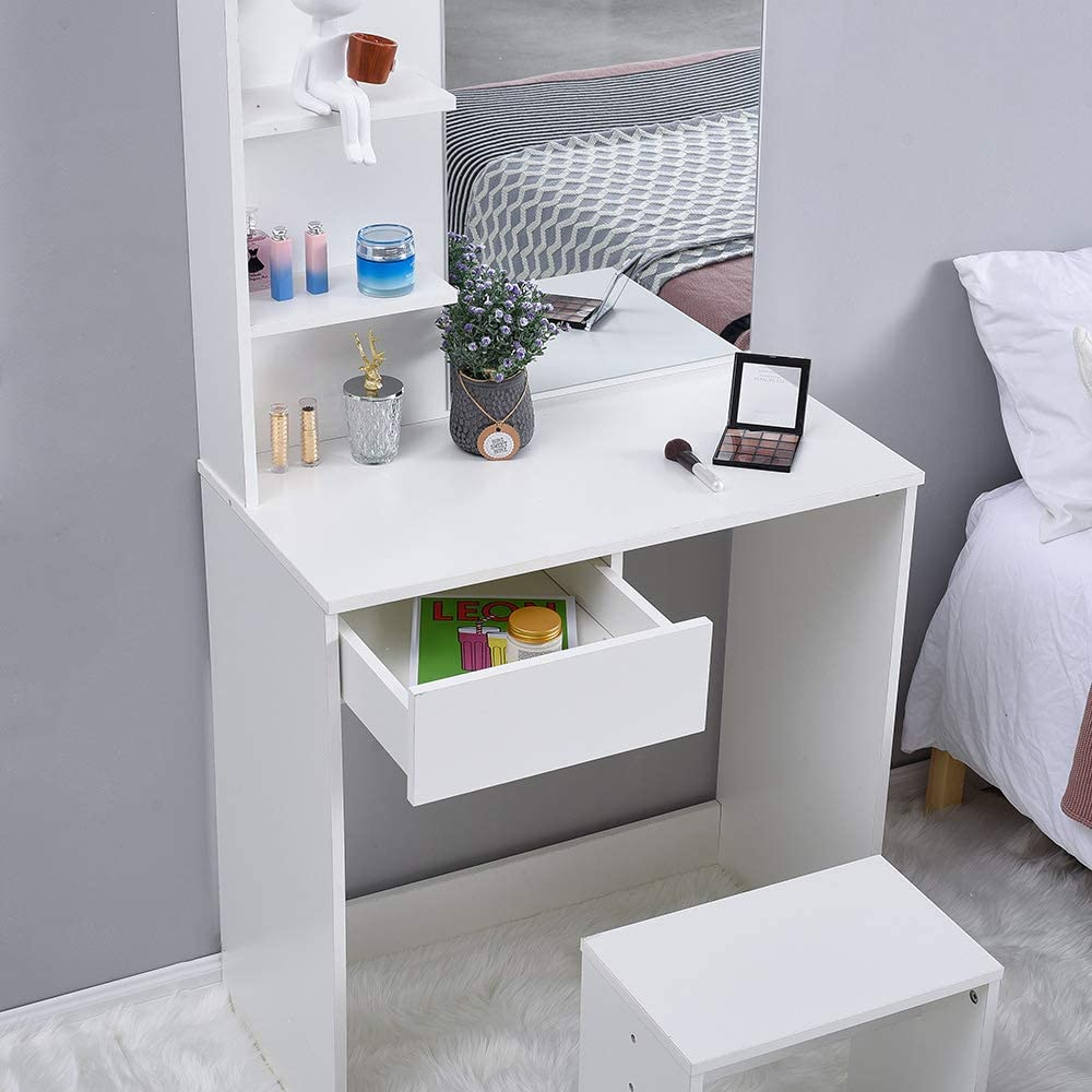 White Wooden Dressing Table Set with Large Mirror and 2 Tier Open Shelf Modern Vanity Makeup Writing Desk Bedroom