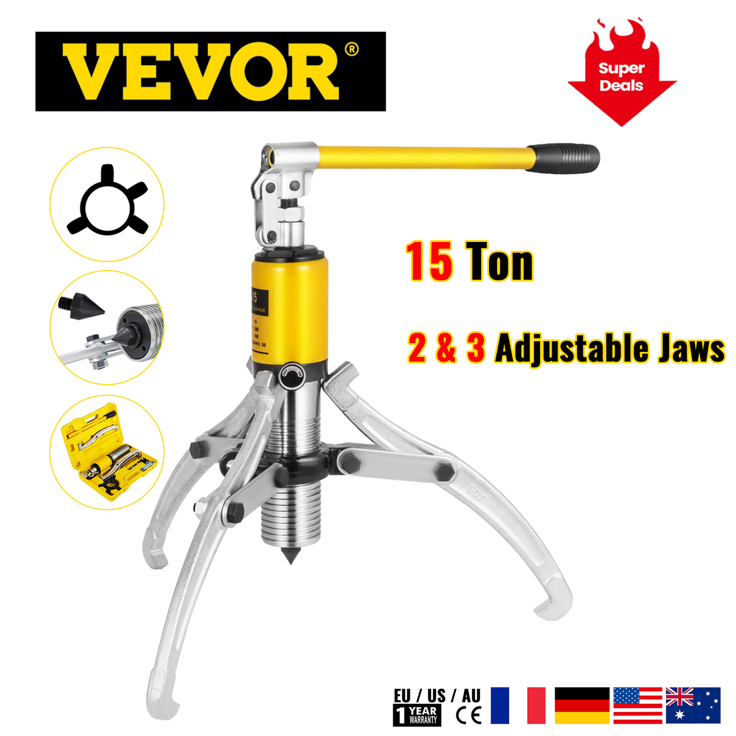 15 Ton Hydraulic Gear Wheel Bearing Puller Separator Tool Two & Three Adjustable Jaws with Portable Box for Repair Shop