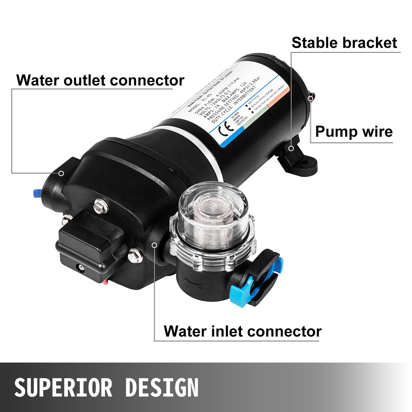 12V Diaphragm Water Pump FL-30/40 Water Pressure Pump 17L/Min High Pressure Self Priming Booster Pump Thermal Protection