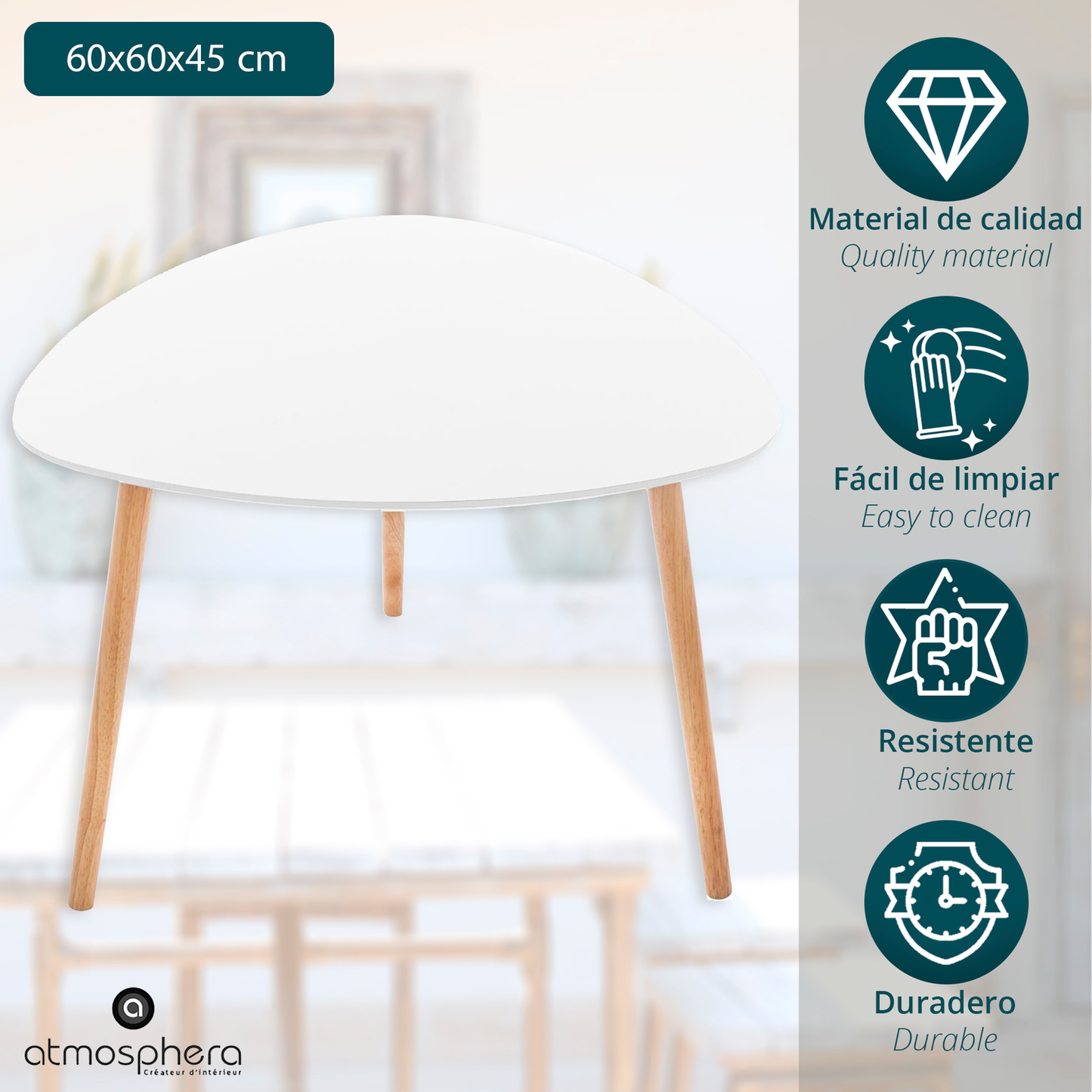 White Wooden ATMOSPHERA Side Table in White Color for Any Home Room 60X60X45Cm