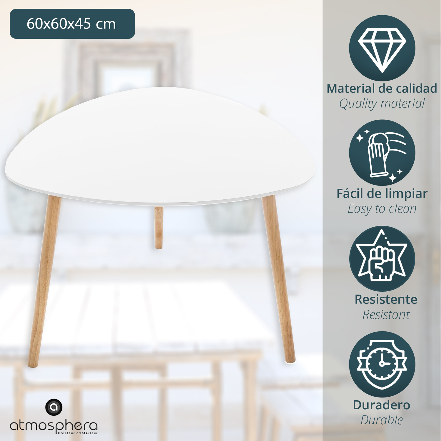 White Wooden ATMOSPHERA Side Table in White Color for Any Home Room 60X60X45Cm