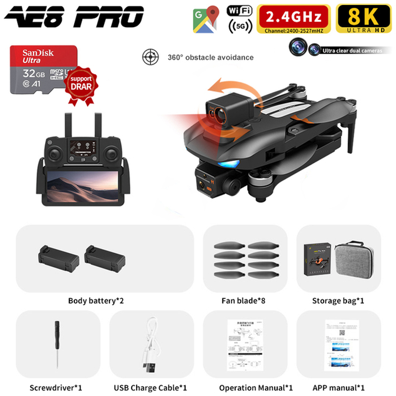 AE8 Pro Max Obstacle Avoidance Drone GPS Positioning Drone Brushless Motor Quadcopter 8K HD Aerial Photography RC Airplane Toy