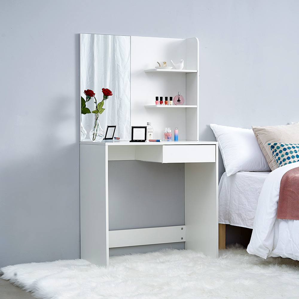 White Wooden Dressing Table Set with Large Mirror and 2 Tier Open Shelf Modern Vanity Makeup Writing Desk Bedroom