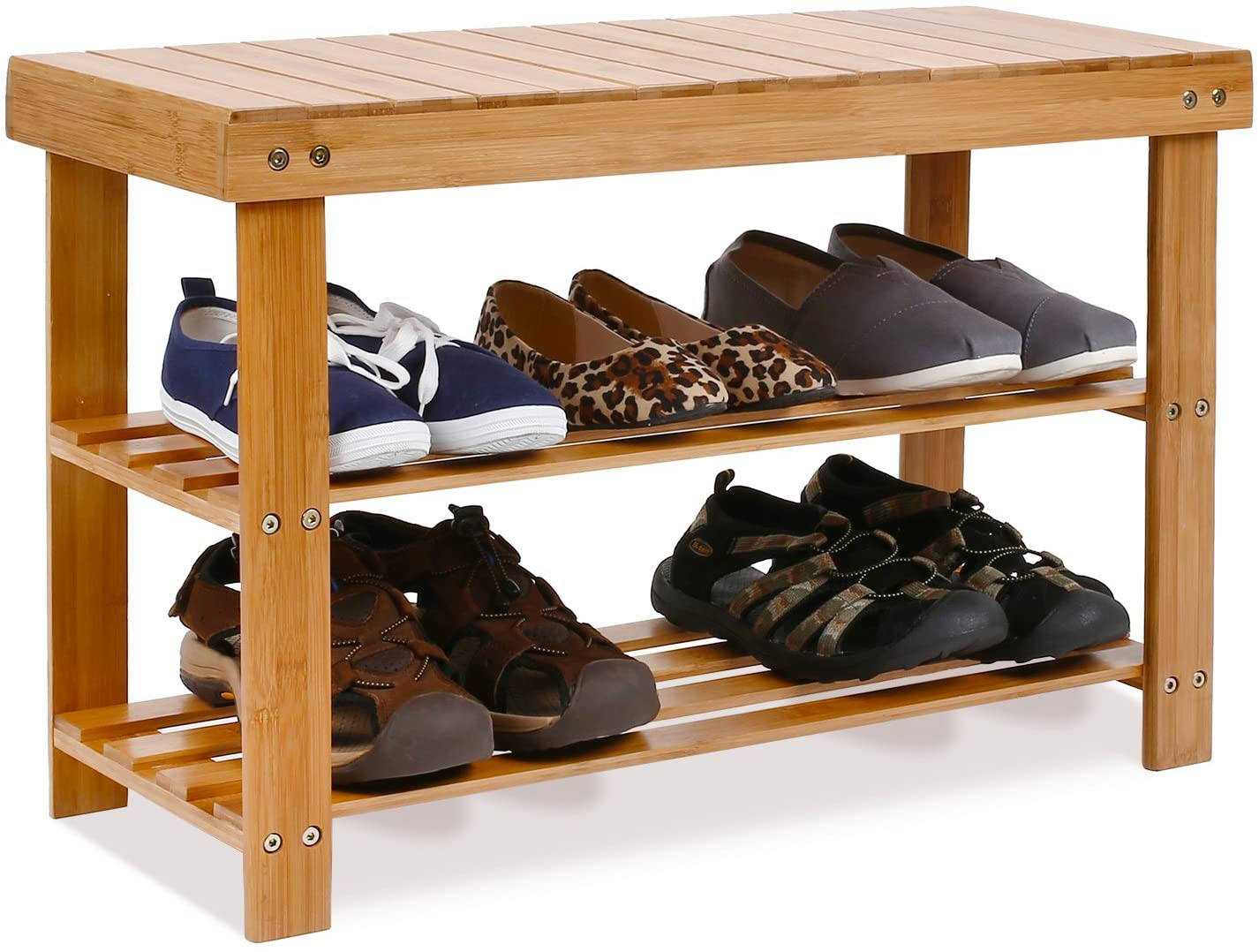 Shoe Rack Bench 3 Tier Living Bamboo, Shoe Organizer or Entryway Bench, Perfect for Shoe Cubby, Entry Bench, Bathroom Bench