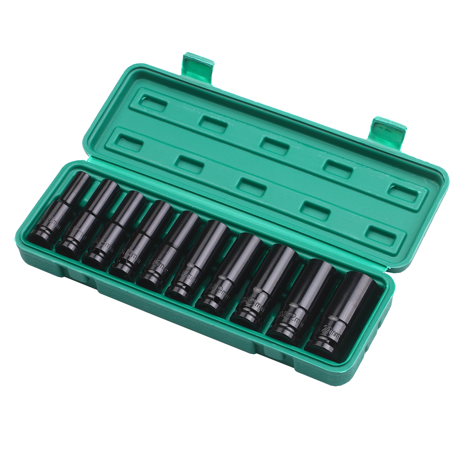 1/2 Inch Drive Hex Impact Socket Set 10Pcs Deep Socket Metric Sizes 10-24Mm Carbon Steel with Hard Storage Box