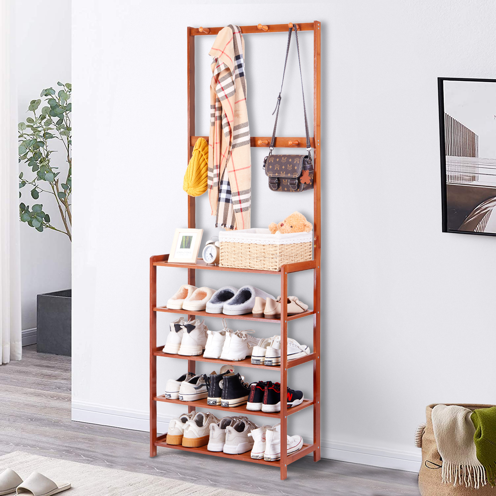 Coat Rack Shoe Bench Vintage 3-In-1 Hall Tree Shoe Rack for Entryway with 3-Tier Storage Shelf