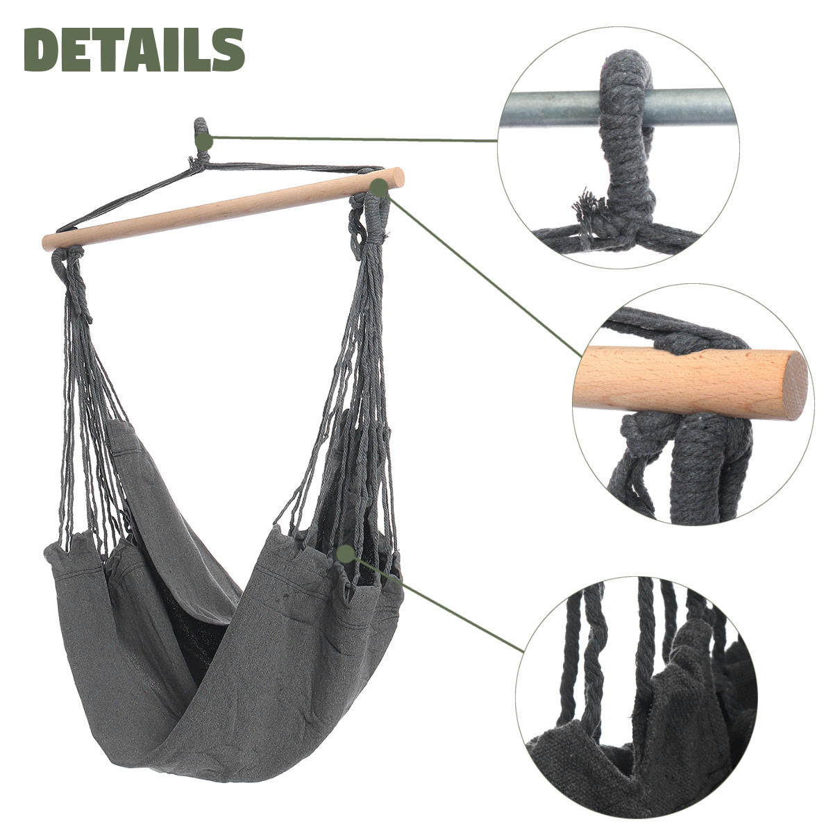 Portable Hanging Hammock Chair Swing Thicken Porch Seat Garden Outdoor Camping Patio Travel with Wooden Stick for 1-2 Person