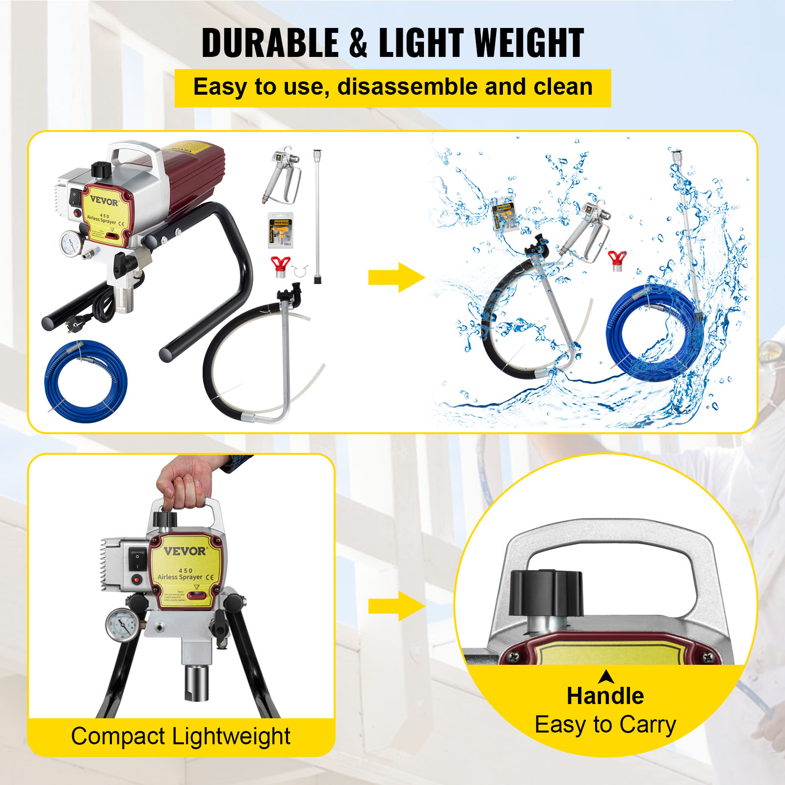 1500W 1800W High Pressure Airless Wall Paint Spray Gun Sprayer Spraying Machine with 15M High Pressure Pipe for Industry