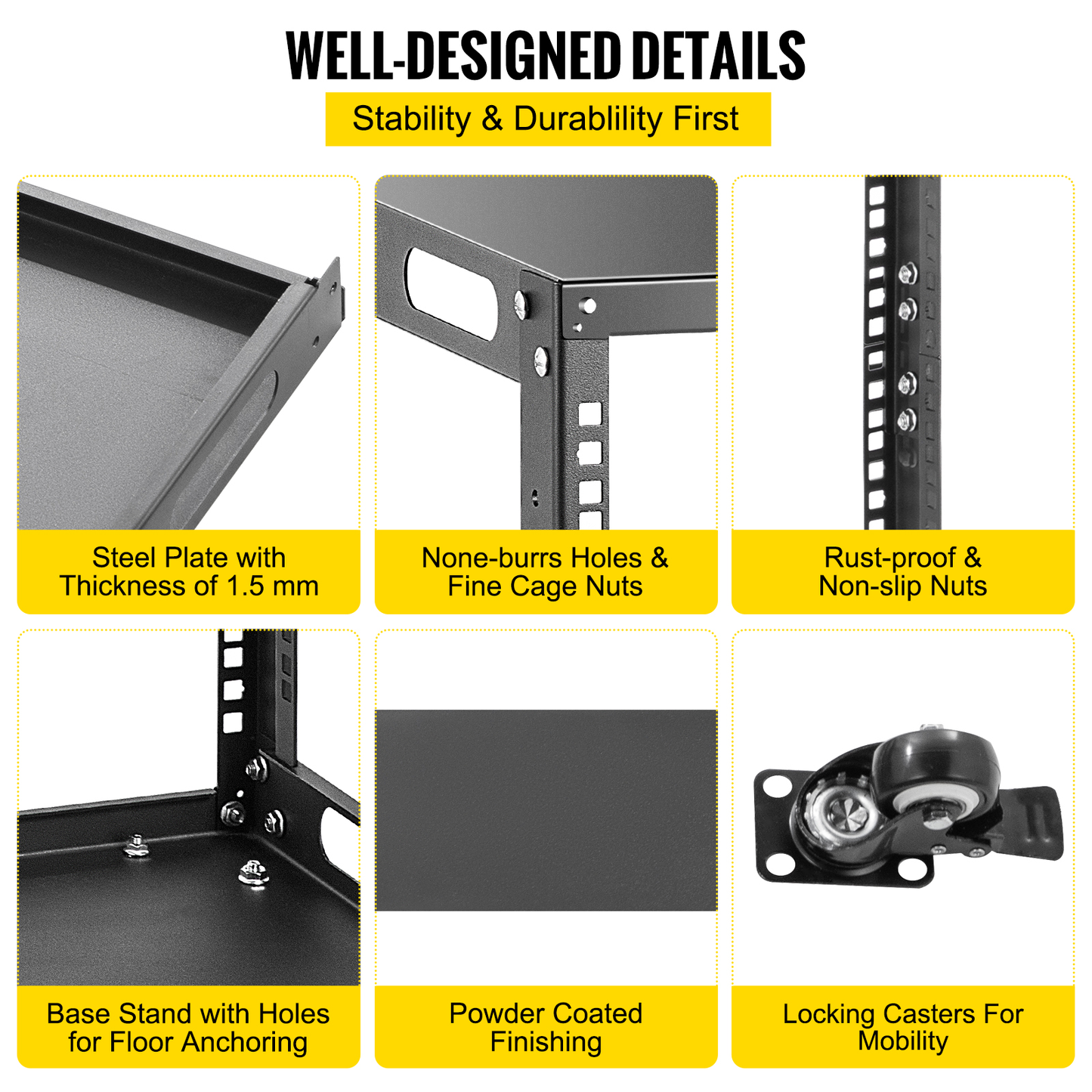 Open Frame 4-Post Network Server Rack 25 U Design Cold-Rolled Steel Rack 1200 LBS Load Capacity with 4 Casters for Server