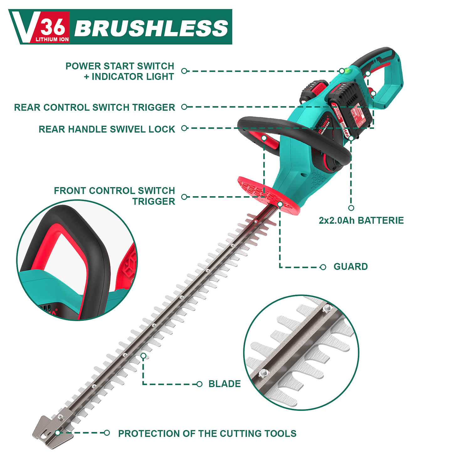 Hedge Trimmer  36V Brushless Cordless Hedge Trimmer Batteries Dual Action Pruning Saw Hedge Cutter Rotating Handle Tools