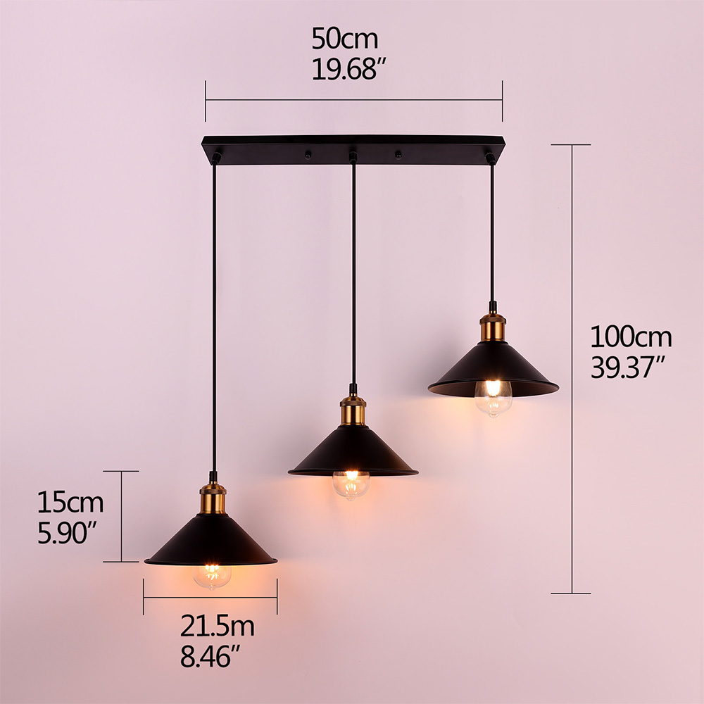 Black E27 Modern Industrial 3 Lights Chandelier Iron Painted Strip/Disc Ceiling Plate Living Room Kitchen Restaurant Hotel Lamp